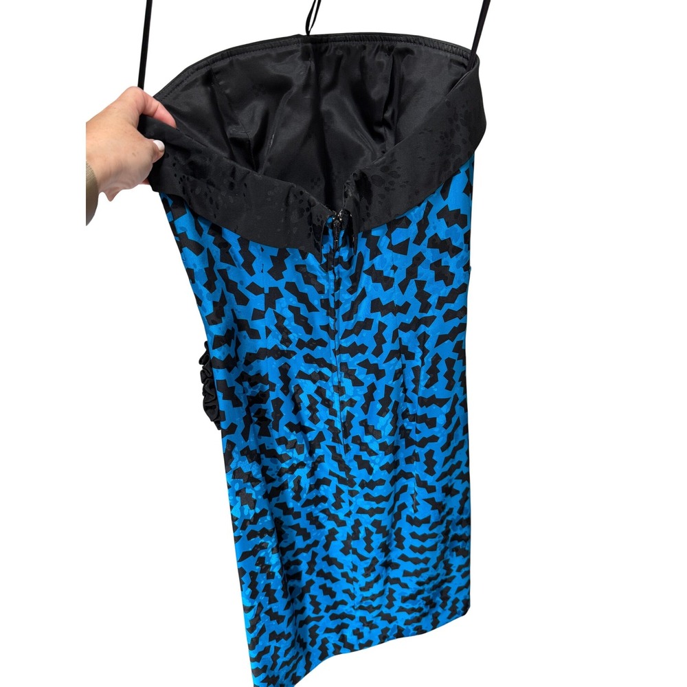 Vintage Cocktail Mini Dress Strapless Silk Sz 4 Blue Black Geometric 80s Glam - Picture 4 of 14